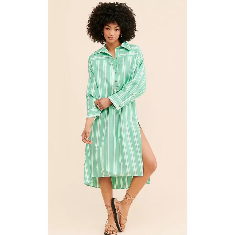 Women's Anthropologie Striped Midi Shirt Dress Green White Striped XXS/XS NEW‎